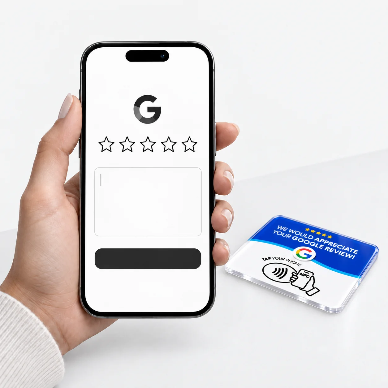 A phone showing a review form beside the tap card
